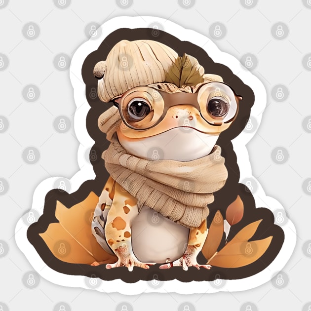 Cute Crested Gecko with Glasses and Winter Clothes Sticker by PRINT OF ANIMAL